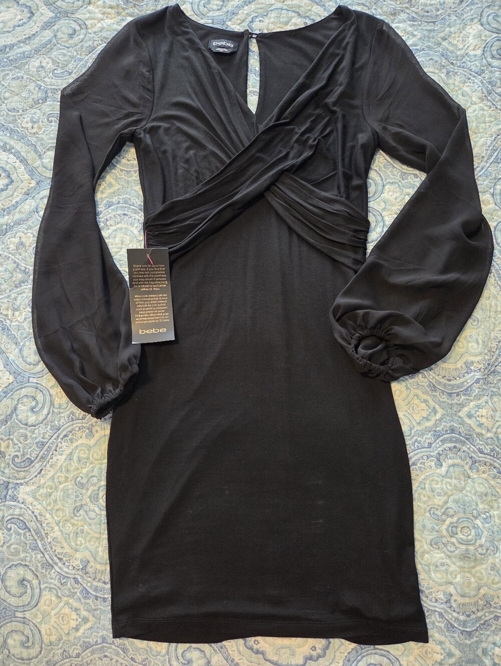 NEW Bebe Black Wrapped Bodice Dress with Sheer Balloon Sleeves - Size Medium NWT